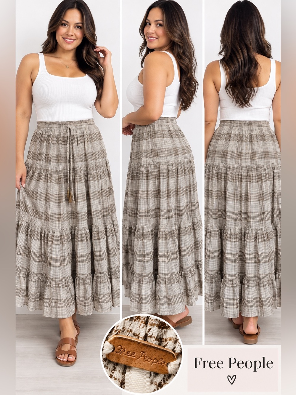 Free People Neutral Plaid Tiered Maxi Skirt